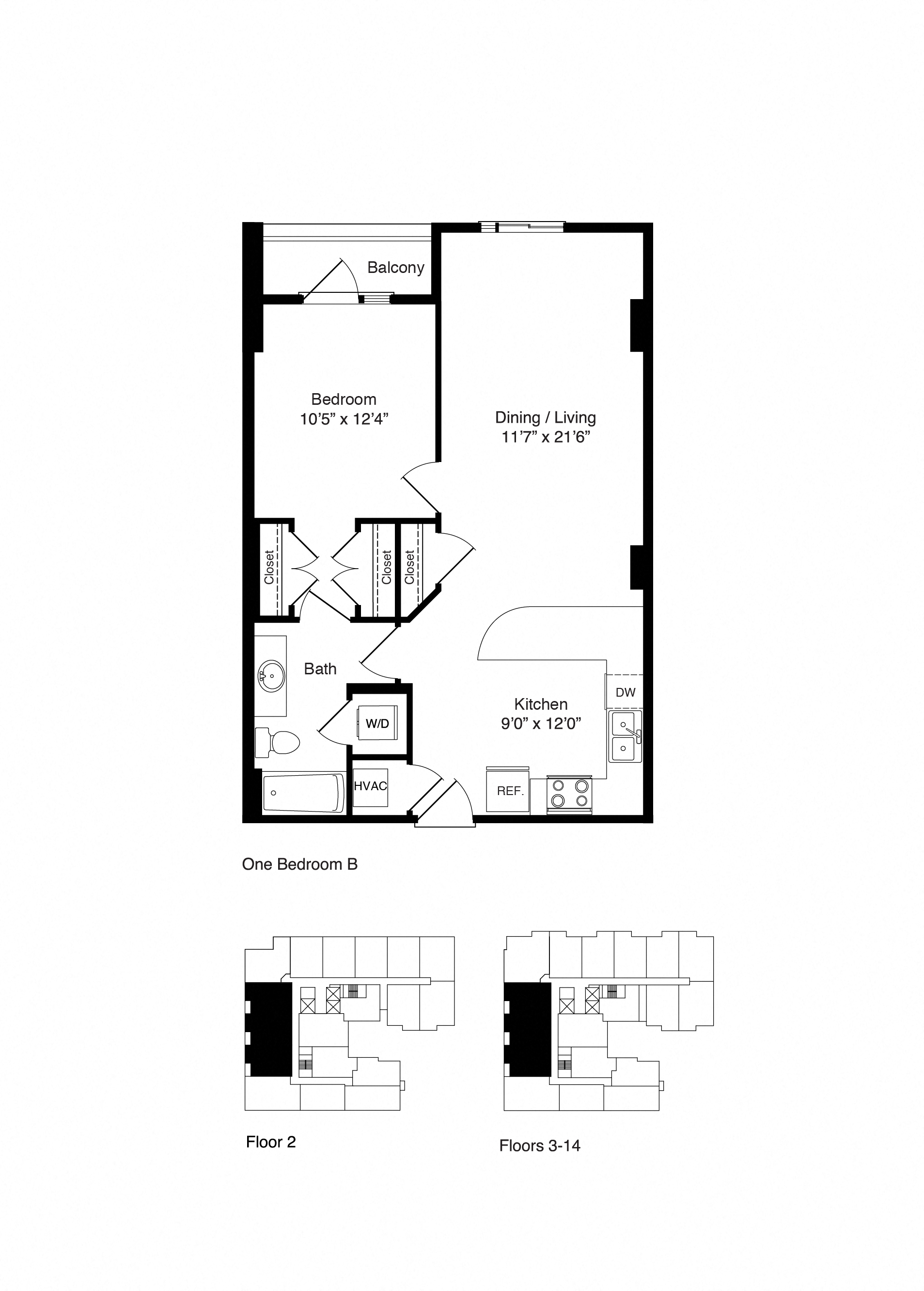 Floor plan for 1 bed, 1 bath, 756 sqft